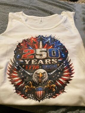 Next Level Apparel White Tank Top with Red & Blue Patriotic Eagle Graphic